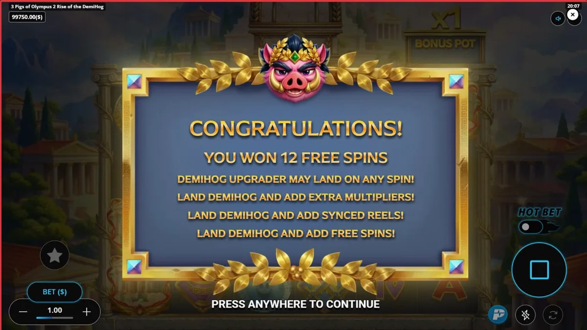 3 Pigs of Olympus 2 Rise of the DemiHog slot mobile gameplay interface