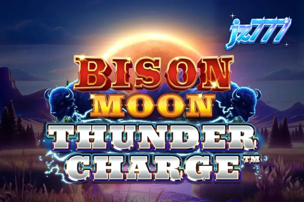 Bison Moon: Thunder Charge سلاٹ گیم کا مرکزی منظر جس میں بائسن اور طوفانی آسمان دکھایا گیا ہے۔